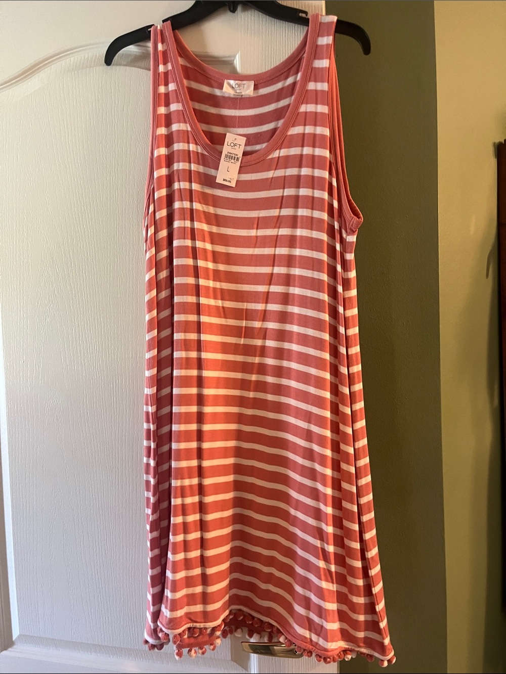 LOFT Coral & White Striped Pom-Pom Hem Tank Dress NWT